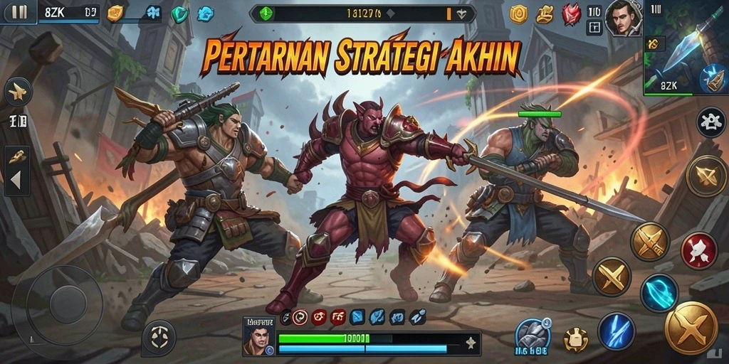 Screenshot 8ZK menunjukkan aksi pertempuran strategi yang intens.