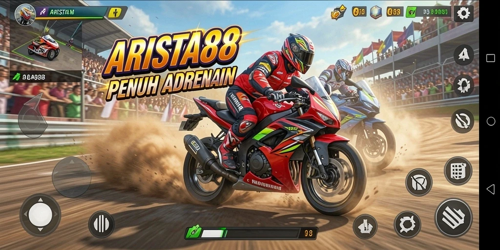 Screenshot ARISTA88 menampilkan aksi balapan motor yang mendebarkan.