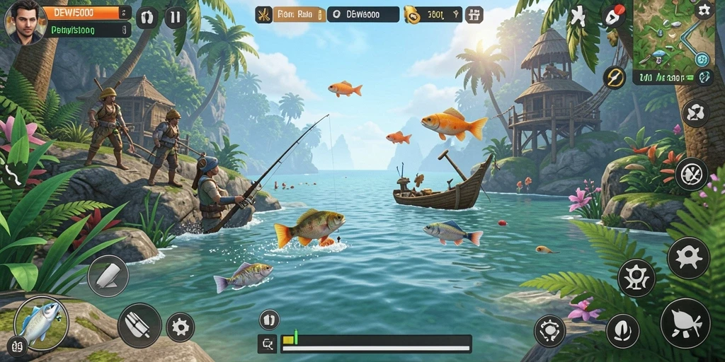 Screenshot gameplay DEWI5000 yang menunjukkan momen menegangkan saat menangkap ikan.
