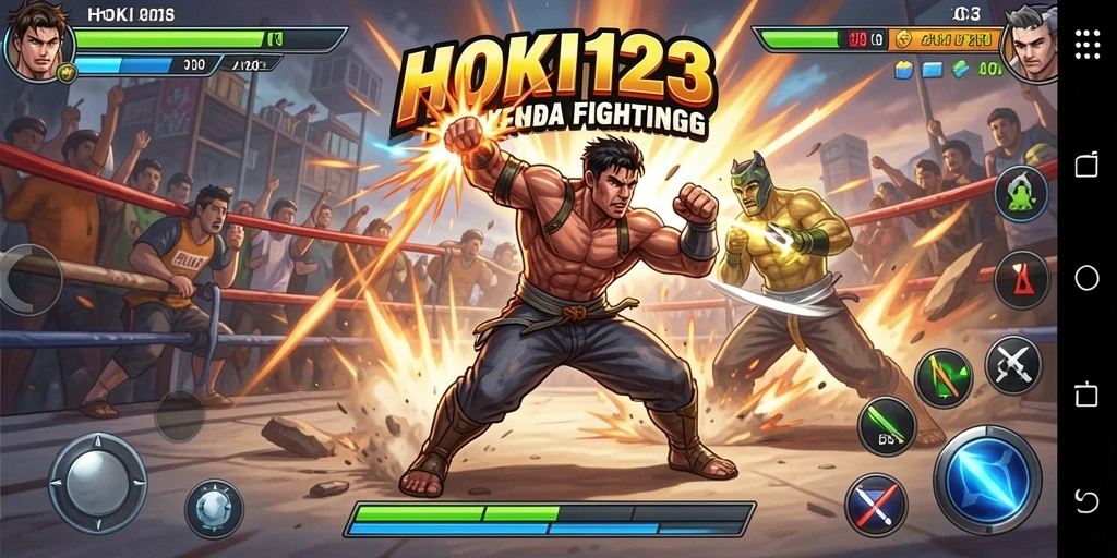 Tangkapan layar gameplay HOKI123 menampilkan karakter bertarung di arena yang dinamis.