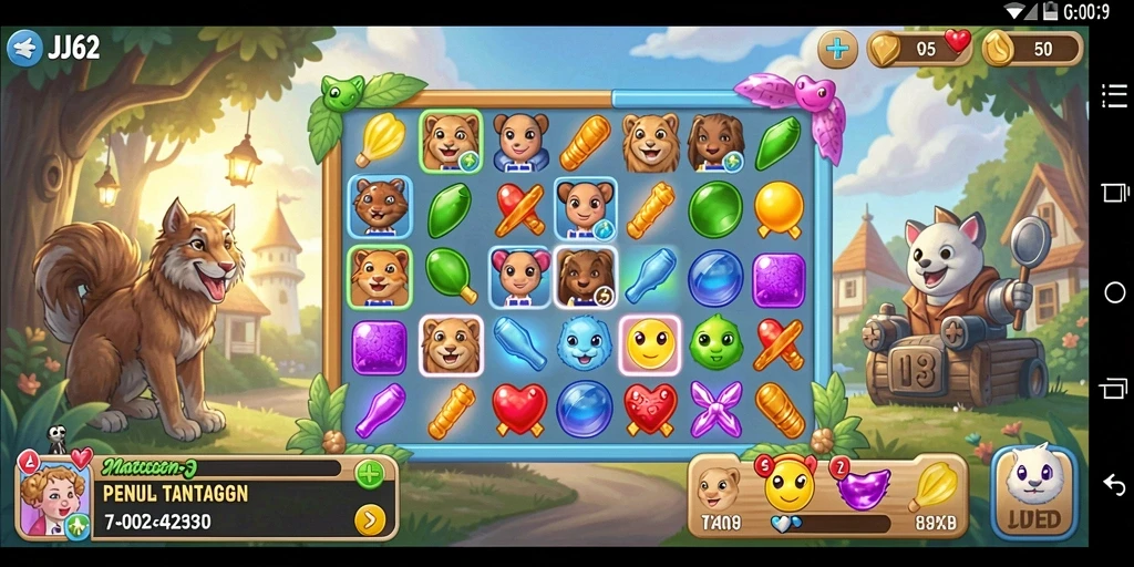 Screenshot menunjukkan gameplay seru dari JJ62 dengan kombinasi warna-warni.