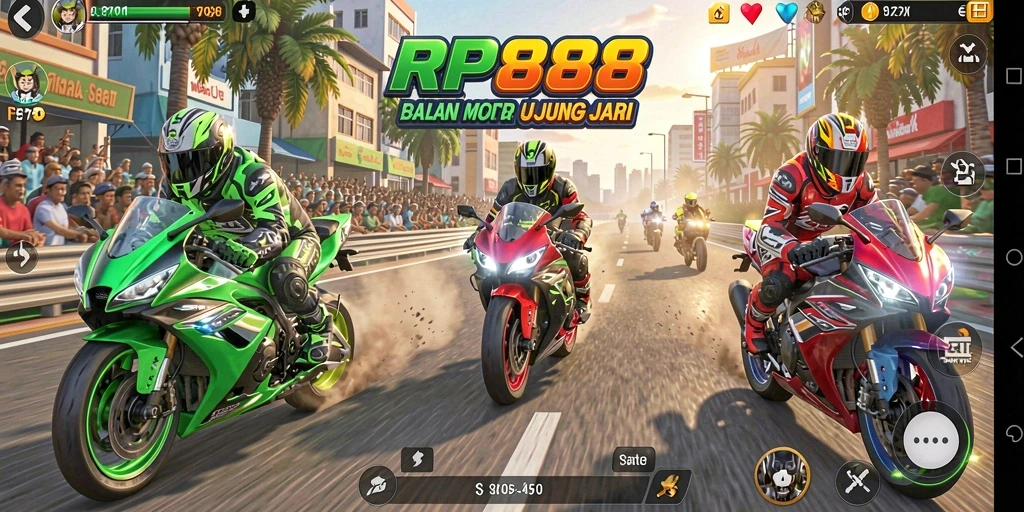Tampilan gameplay <strong>RP888</strong> yang seru dan menegangkan dalam balapan motor.