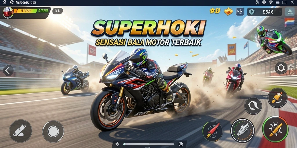 Gameplay mendebarkan balapan motor di dunia <strong>SUPERHOKI</strong>.