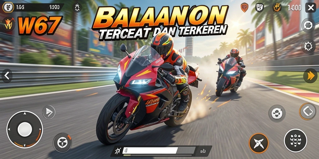 Lihat gameplay seru dari W67 saat balapan motor di trek menantang.